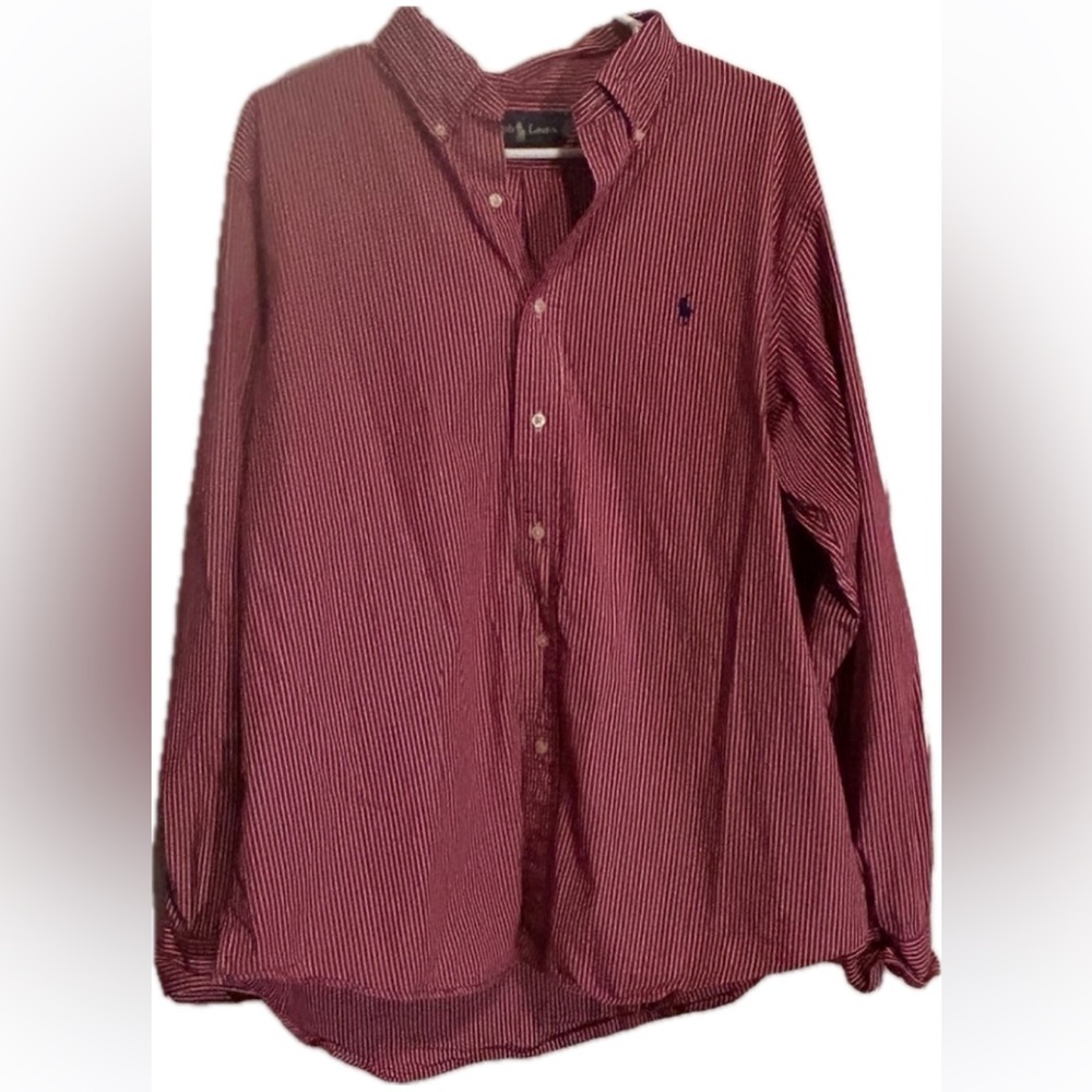 Ralph Lauren Mens 17.5 Red Striped 34/35 Custom Fit Button Down Oxford Shirt